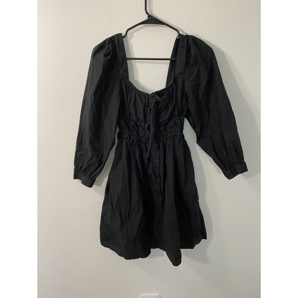 J Crew Smocked Waist Puff Sleeve Mini Dress Sz 4 Black Peasant Coquette Cotton